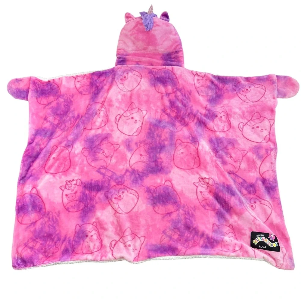 Squishmallows Lola Unicorn Hooded Blanket Kids Pink Purple Tie Dye Sherpa Plush